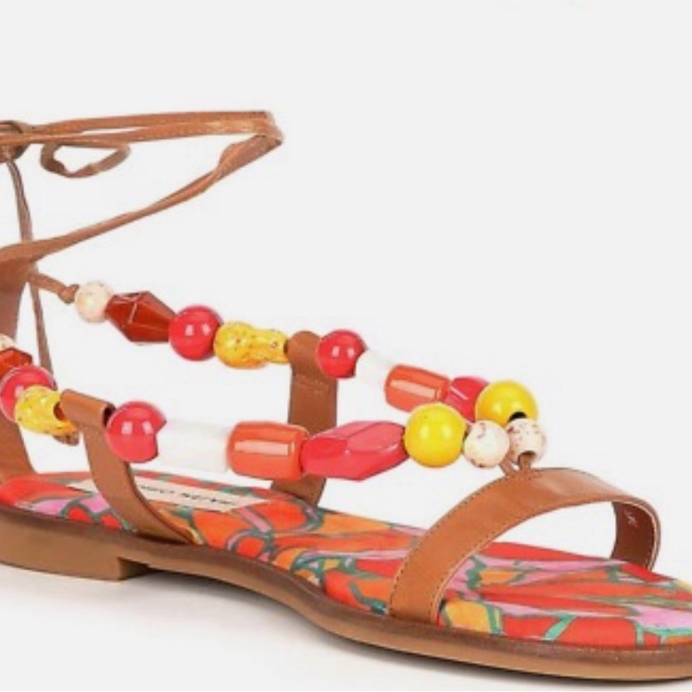 Antonio Melani Loola Beaded Lace Up Gladiator Sandals Tan Floral Print 8M - Picture 3 of 3